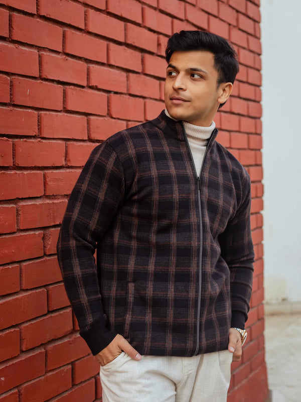Black Brown Checkered Zip Knitted Jacket