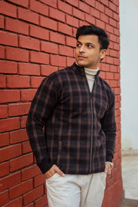 Black Brown Checkered Zip Knitted Jacket
