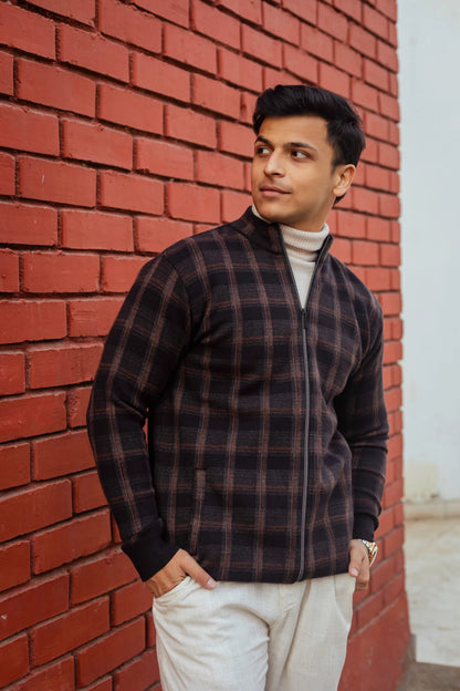 Black Brown Checkered Zip Knitted Jacket