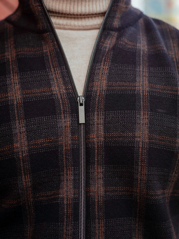 Black Brown Checkered Zip Knitted Jacket