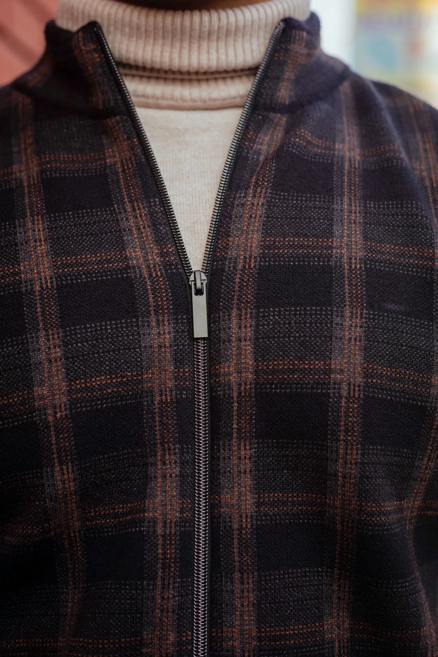 Black Brown Checkered Zip Knitted Jacket