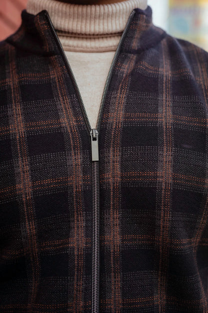 Black Brown Checkered Zip Knitted Jacket