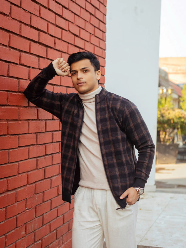 Black Brown Checkered Zip Knitted Jacket