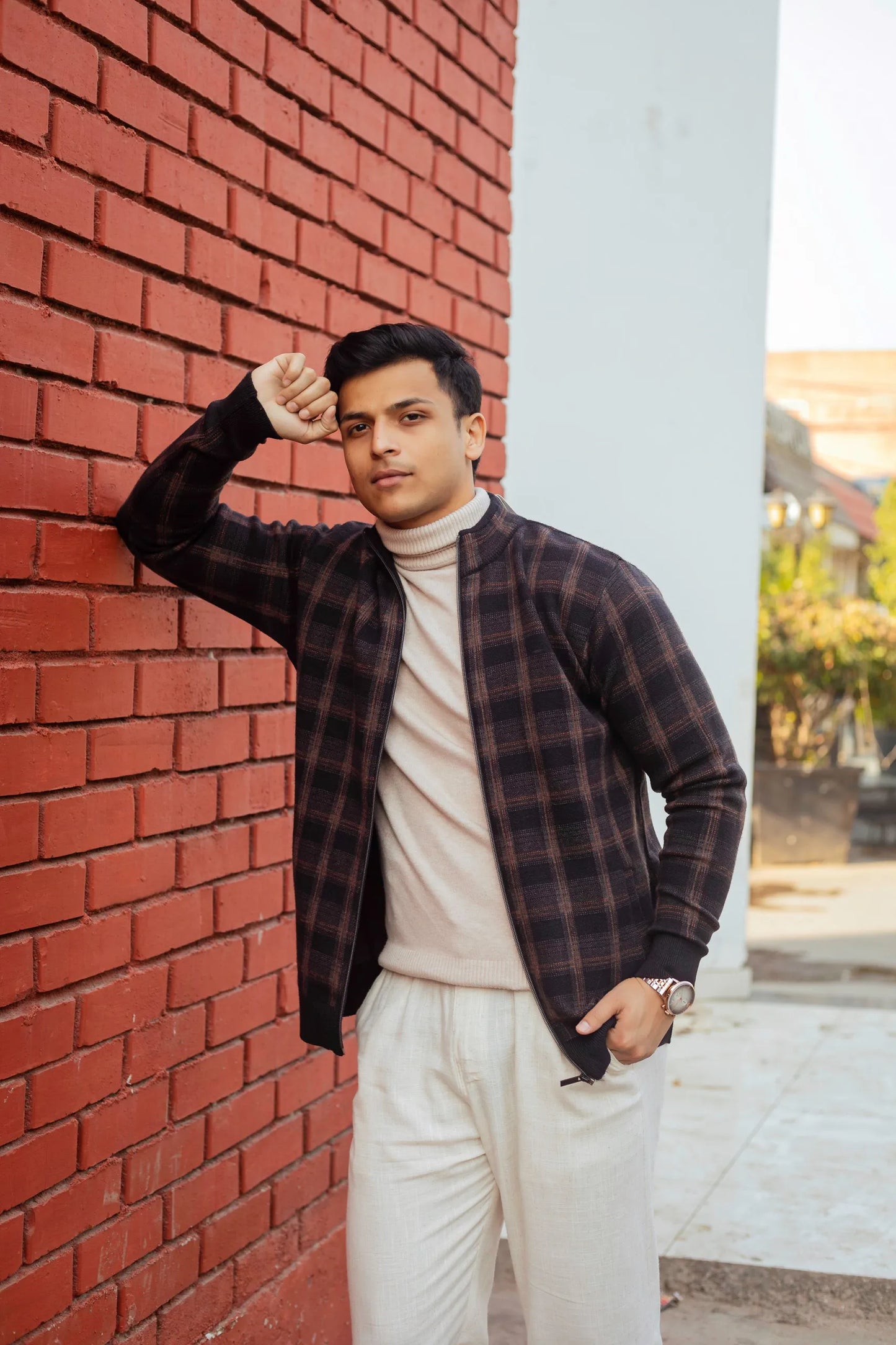 Black Brown Checkered Zip Knitted Jacket