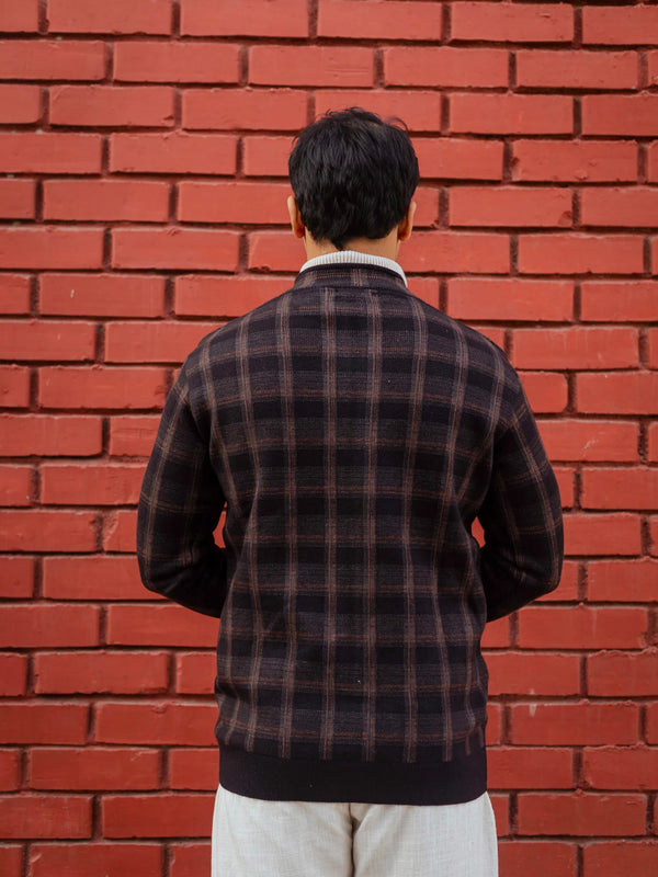 Black Brown Checkered Zip Knitted Jacket