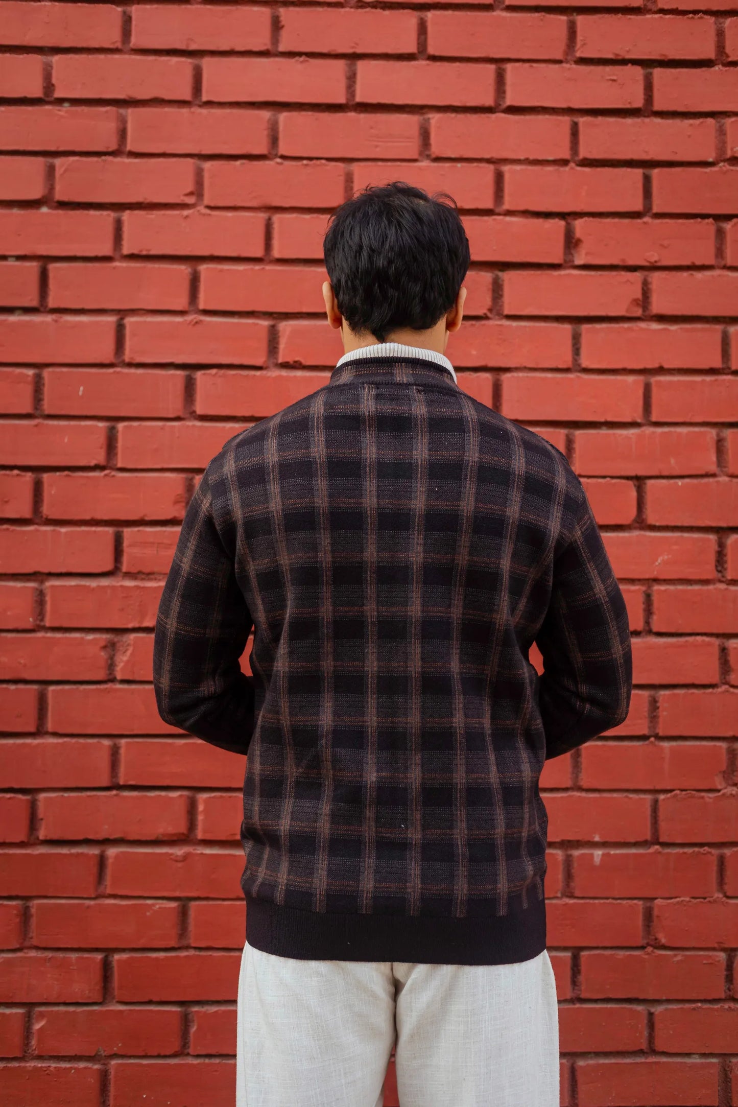 Black Brown Checkered Zip Knitted Jacket