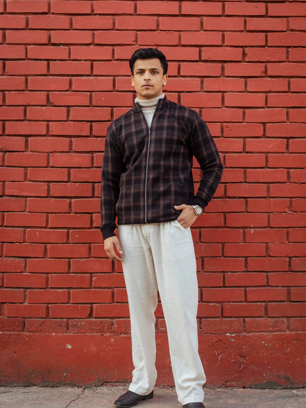 Black Brown Checkered Zip Knitted Jacket