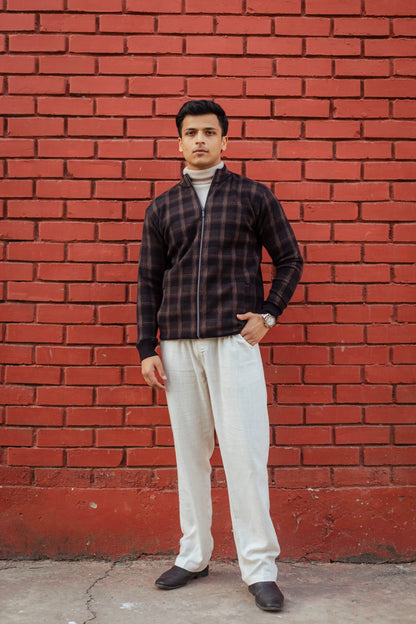 Black Brown Checkered Zip Knitted Jacket