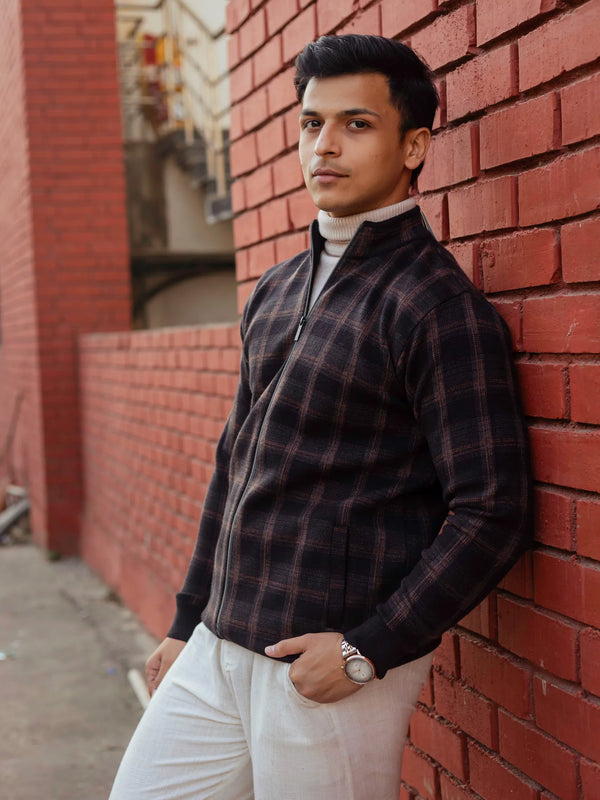 Black Brown Checkered Zip Knitted Jacket