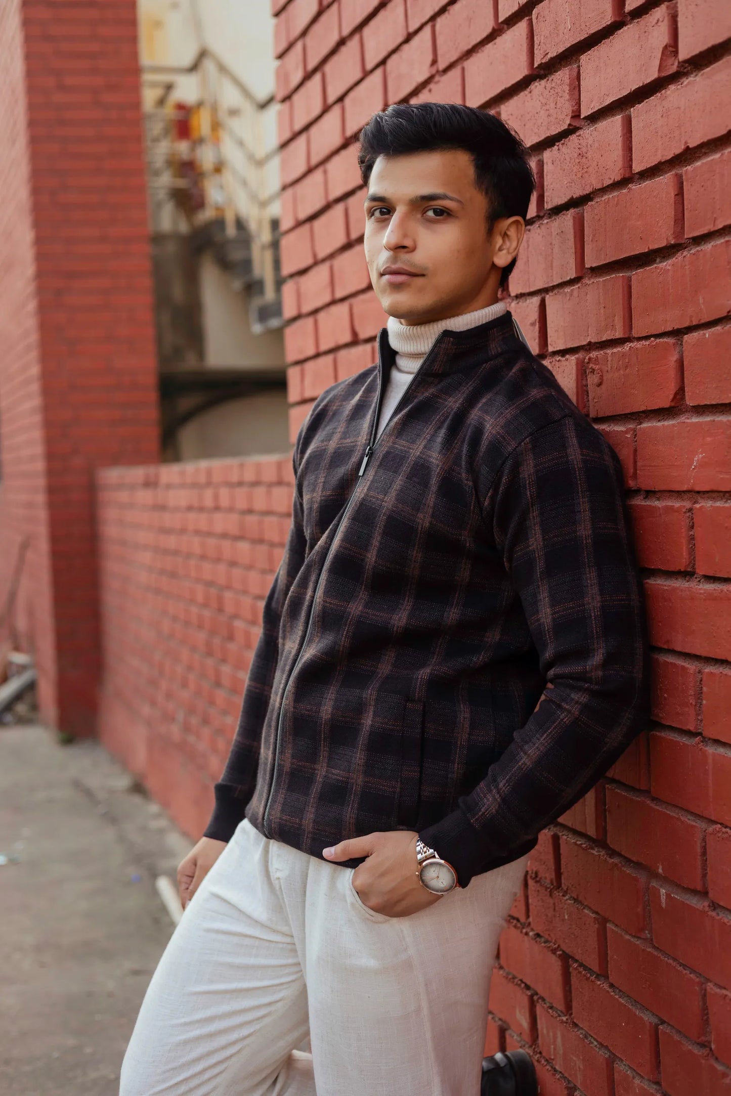 Black Brown Checkered Zip Knitted Jacket