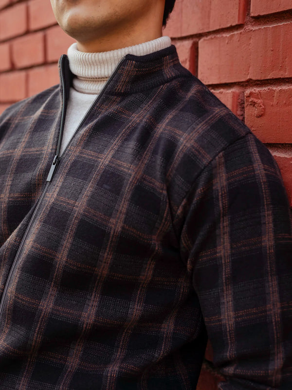 Black Brown Checkered Zip Knitted Jacket