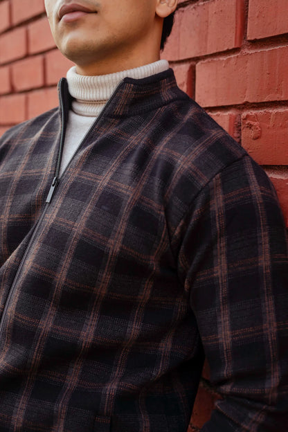 Black Brown Checkered Zip Knitted Jacket
