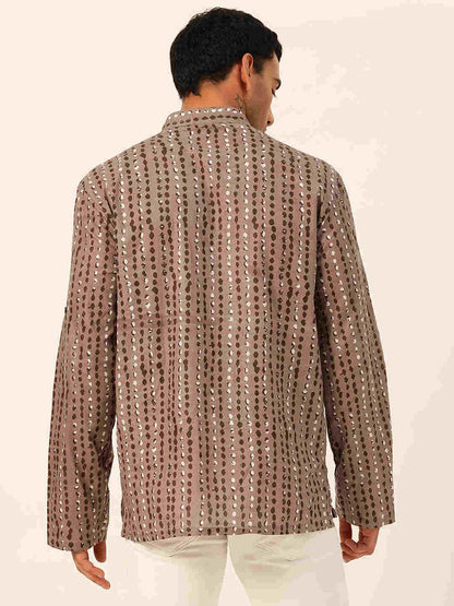 Premium Grey with Black & White Dotted Stripes Handblock Printed Short Kurta