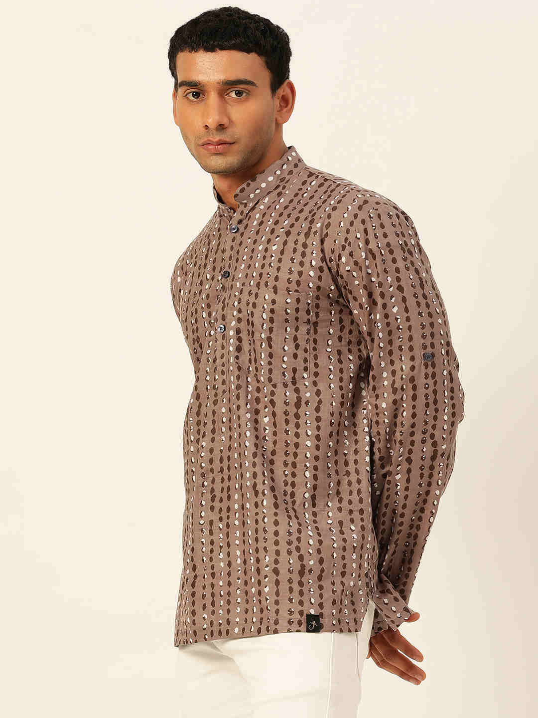 Premium Grey with Black & White Dotted Stripes Handblock Printed Short Kurta