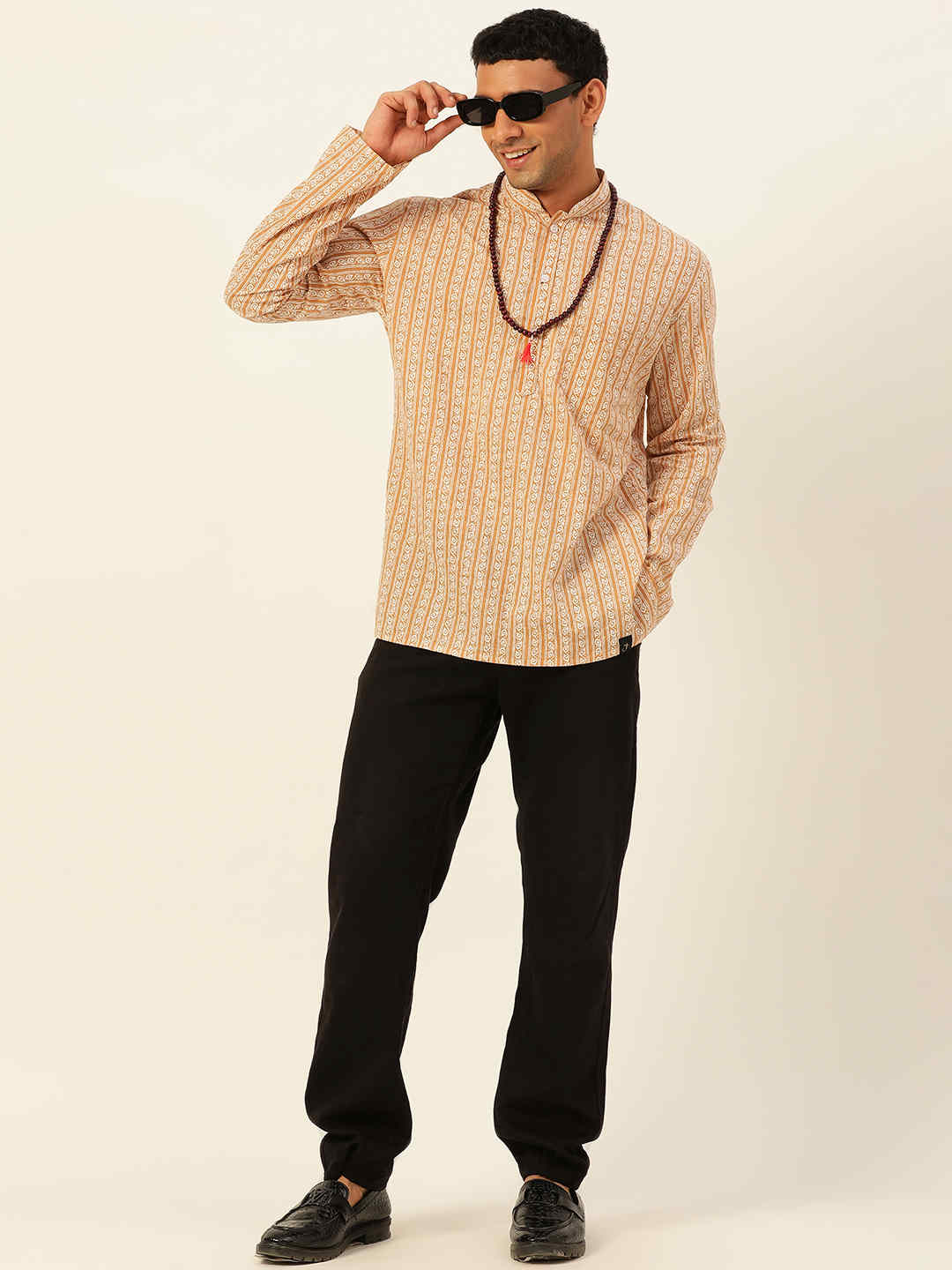 Premium Mustard & White Geometrical Striped Handblock Printed Short Kurta