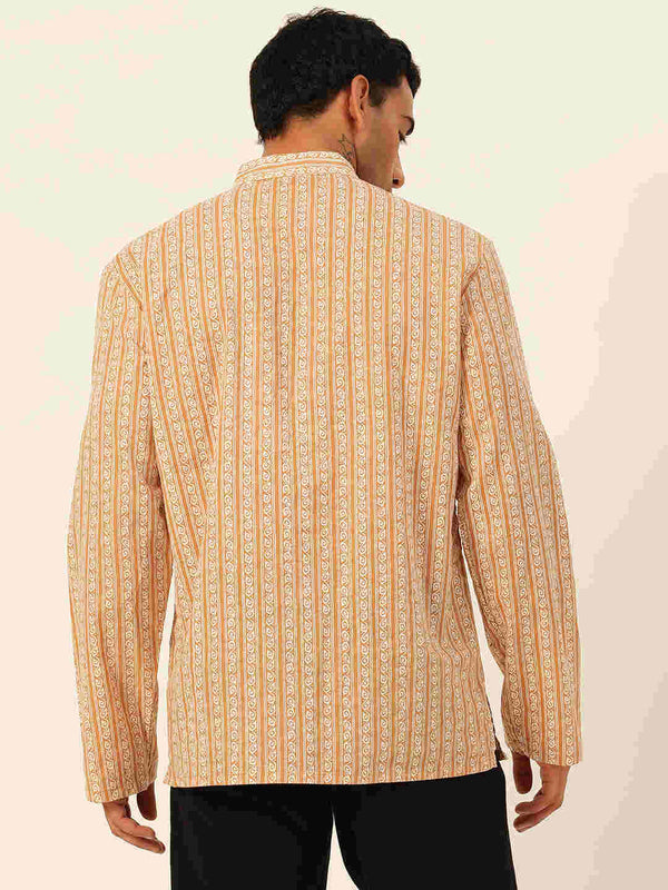 Premium Mustard & White Geometrical Striped Handblock Printed Short Kurta