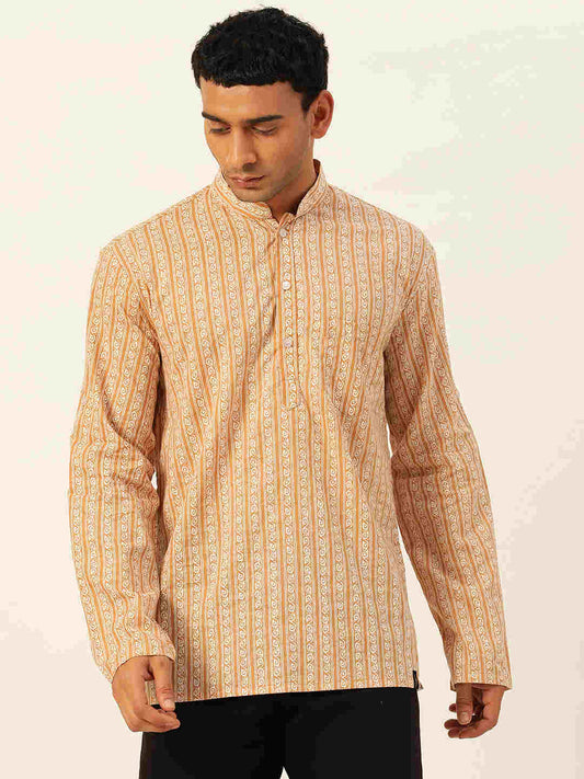 Premium Mustard & White Geometrical Striped Handblock Printed Short Kurta