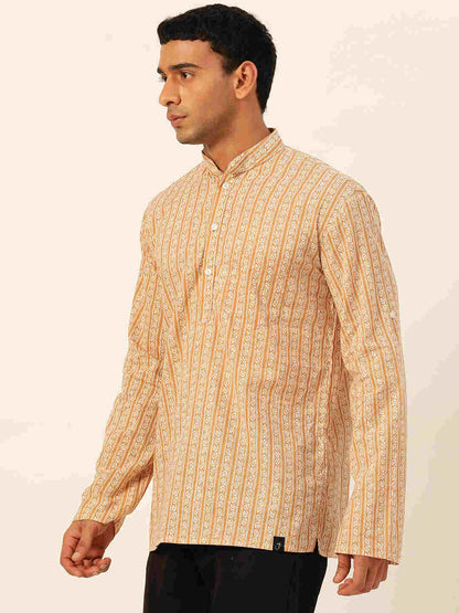 Premium Mustard & White Geometrical Striped Handblock Printed Short Kurta