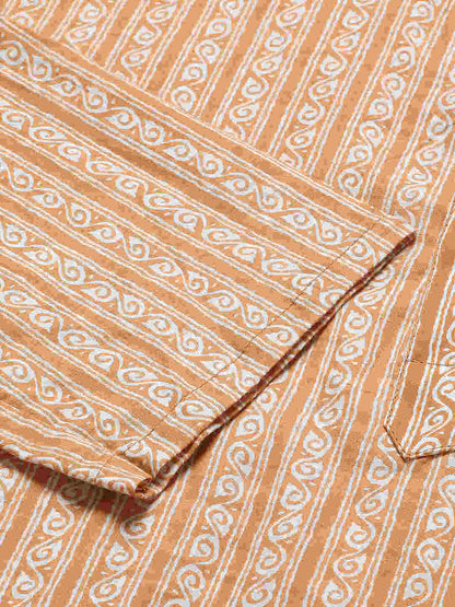 Premium Mustard & White Geometrical Striped Handblock Printed Short Kurta