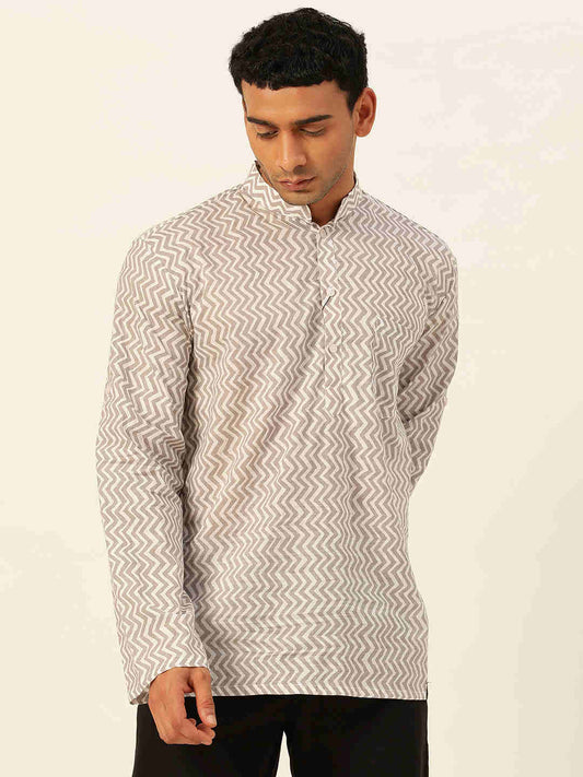 Premium White & Grey Zig Zag Handblock Printed Short Kurta