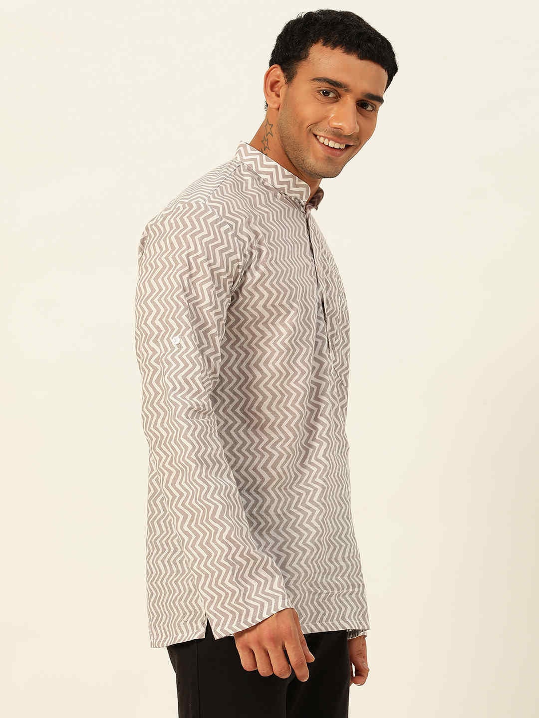 Premium White & Grey Zig Zag Handblock Printed Short Kurta