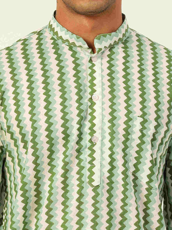 Premium White & Green Zig Zag Handblock Printed Short Kurta