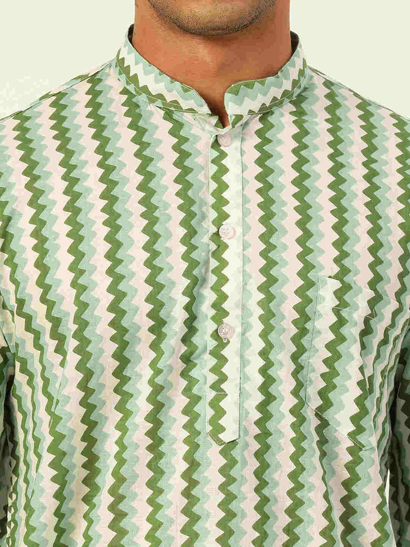 Premium White & Green Zig Zag Handblock Printed Short Kurta