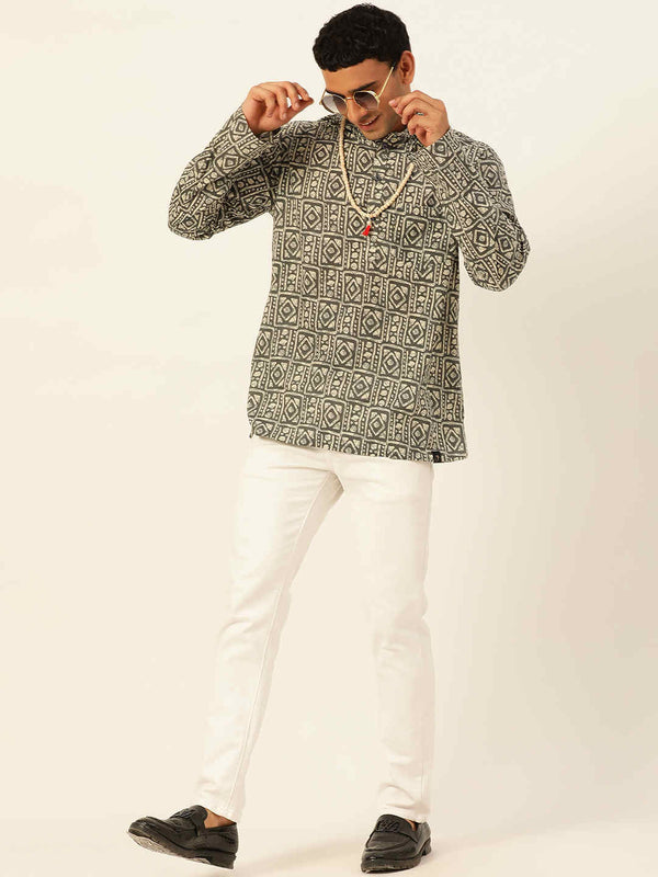 Premium Dark Green & White Blocks Handblock Printed Short Kurta