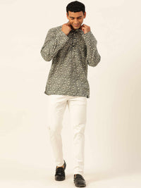 Premium Dark Green & White Blocks Handblock Printed Short Kurta