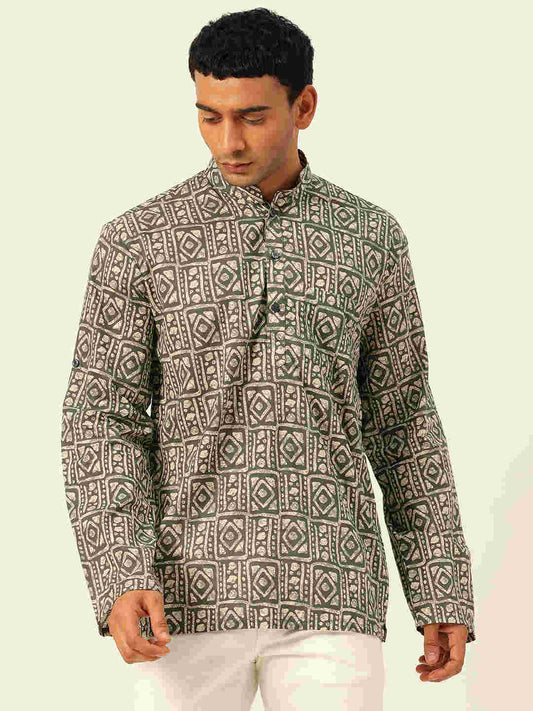 Premium Dark Green & White Blocks Handblock Printed Short Kurta