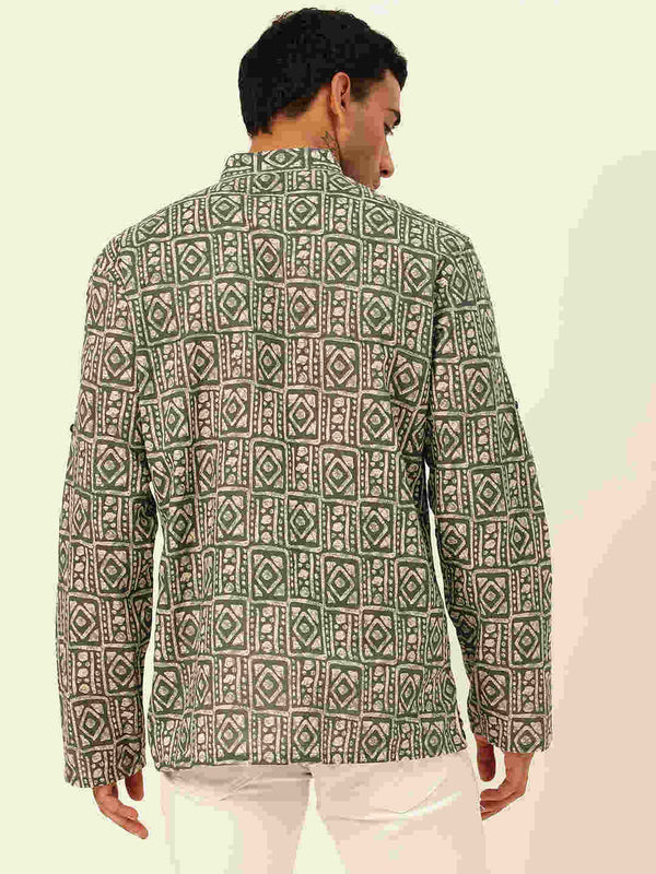 Premium Dark Green & White Blocks Handblock Printed Short Kurta
