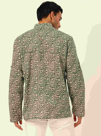 Premium Dark Green & White Blocks Handblock Printed Short Kurta