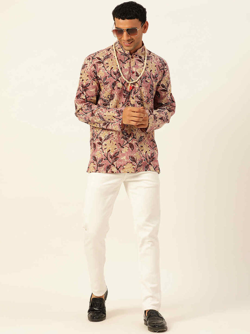 Premium Pink & Yellow Floral Handblock Printed Short Kurta