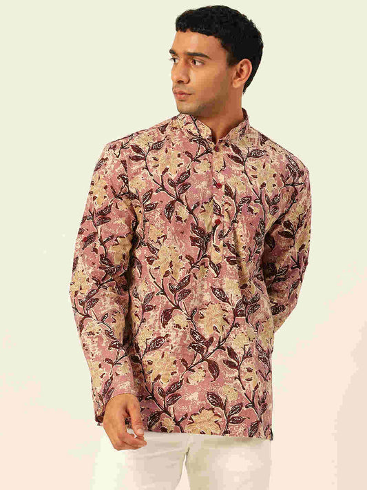 Premium Pink & Yellow Floral Handblock Printed Short Kurta