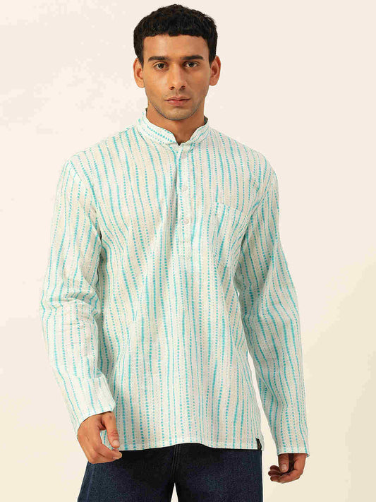 Premium Sky Blue Tie Dye Handblock Printed Short Kurta