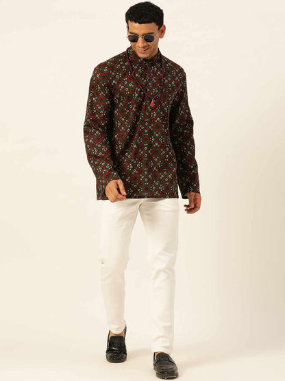 Premium Dark Green & Red Rhombus Print Handblock Printed Short Kurta