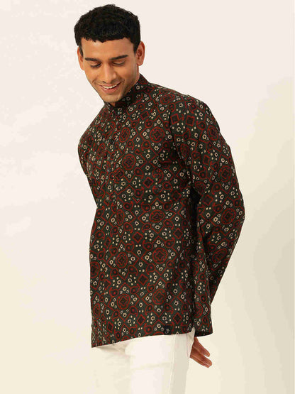 Premium Dark Green & Red Rhombus Print Handblock Printed Short Kurta