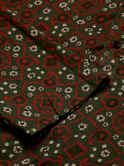 Premium Dark Green & Red Rhombus Print Handblock Printed Short Kurta