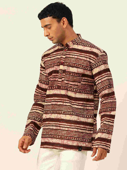 Premium Dark Brown & Pink Abstract Stripes Handblock Printed Short Kurta