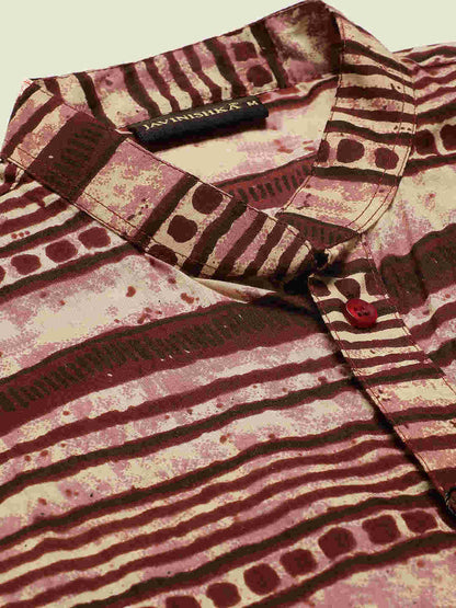 Premium Dark Brown & Pink Abstract Stripes Handblock Printed Short Kurta