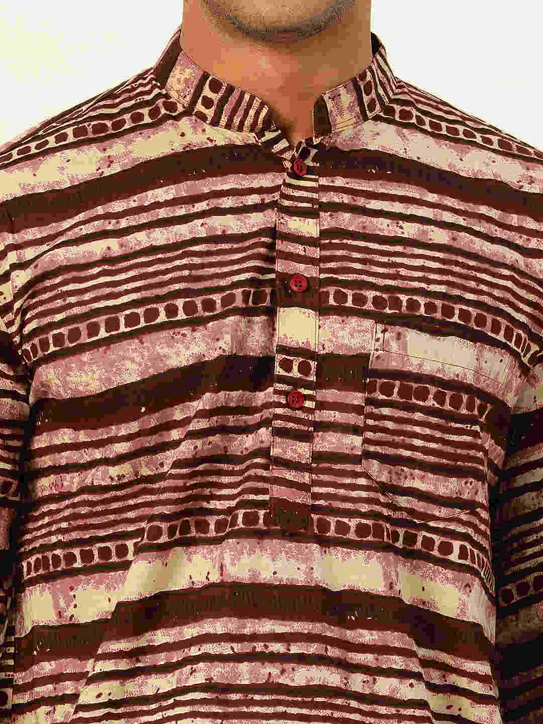 Premium Dark Brown & Pink Abstract Stripes Handblock Printed Short Kurta