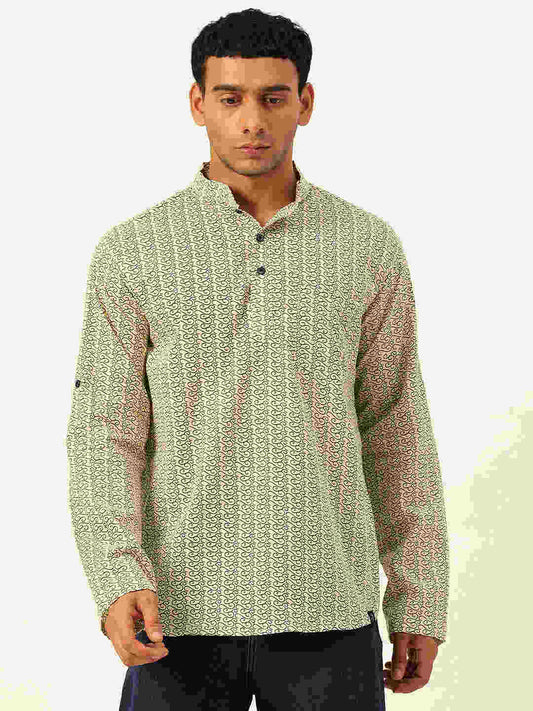 Premium Beige with Blue motiffs Handblock Printed Short Kurta