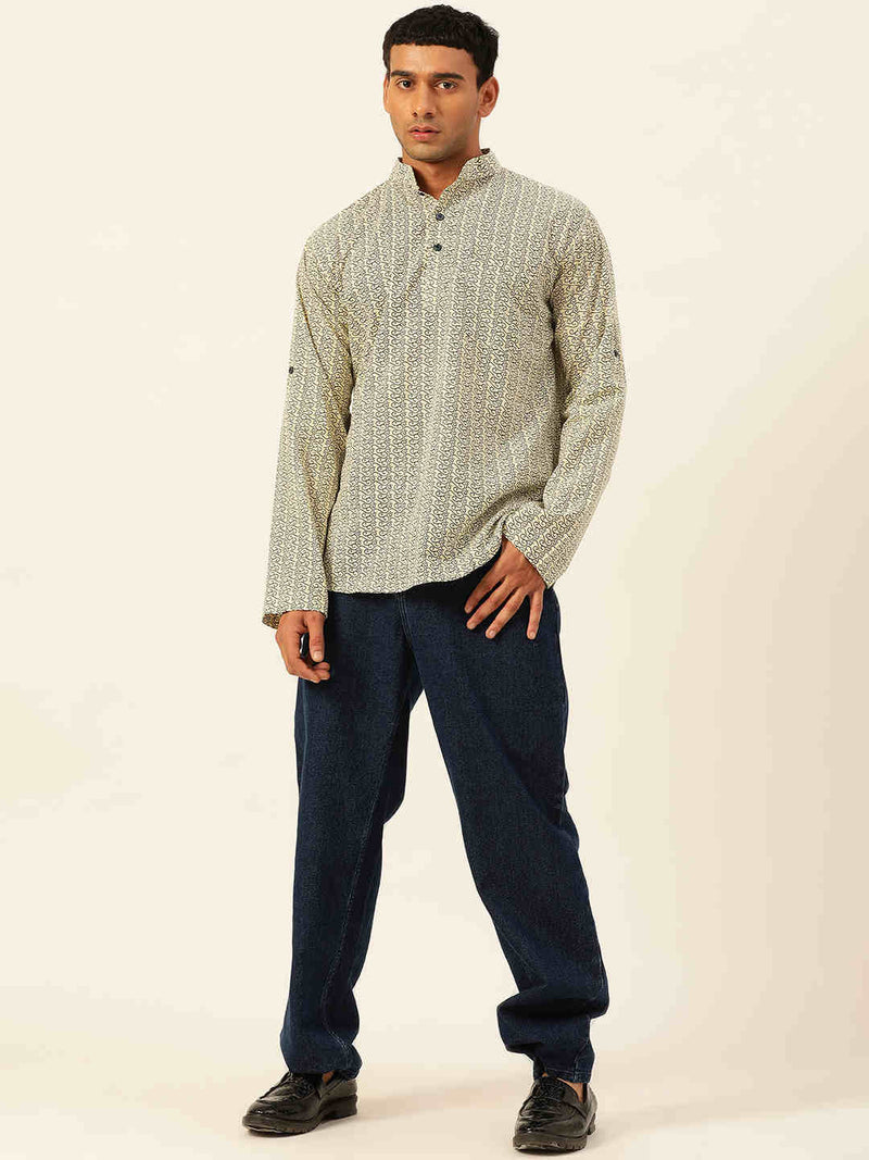 Premium Beige with Blue motiffs Handblock Printed Short Kurta