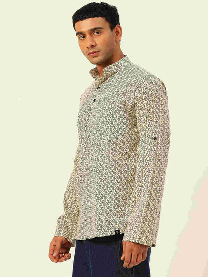 Premium Beige with Blue motiffs Handblock Printed Short Kurta