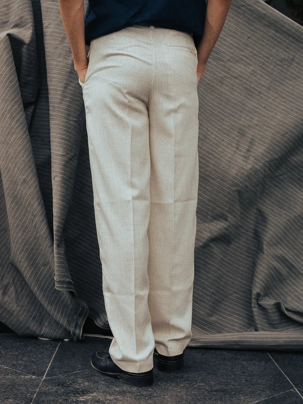 Beige Textured Linen High-Waist Korean Fit Pants