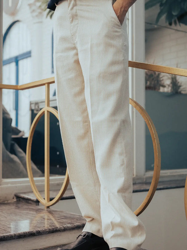 Beige Textured Linen High-Waist Korean Fit Pants