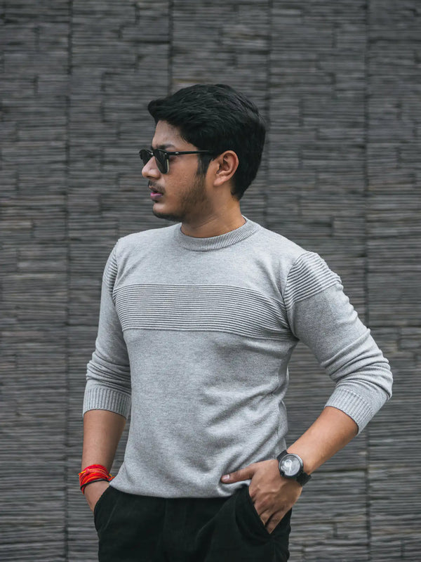 Grey Self-Designer Knitted Sweater