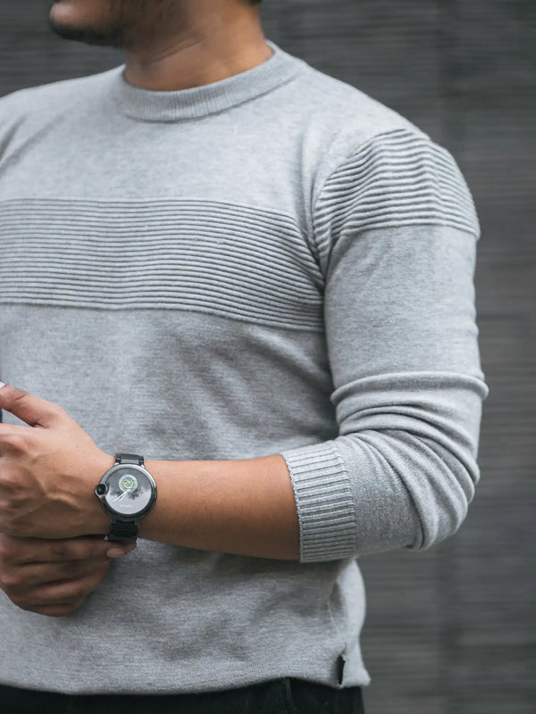 Grey Self-Designer Knitted Sweater