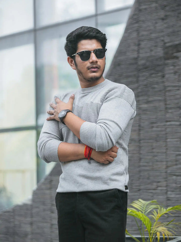 Grey Self-Designer Knitted Sweater