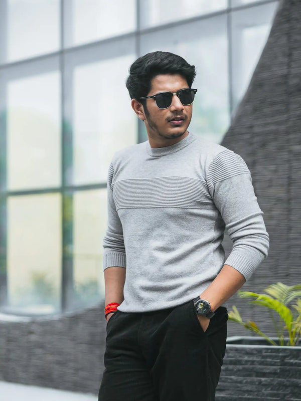 Grey Self-Designer Knitted Sweater